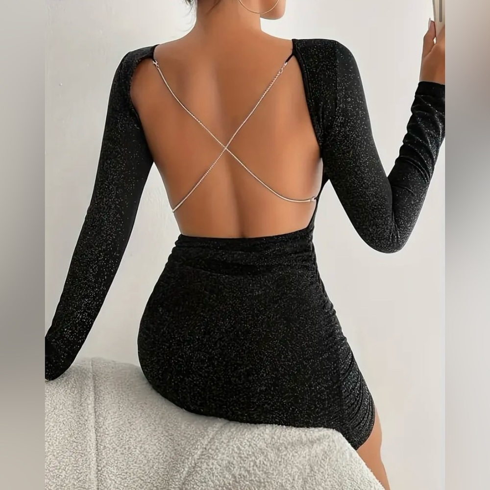 NWT UNBRANDED black sparkle mini dress with chain back accents, Sz. Lg.